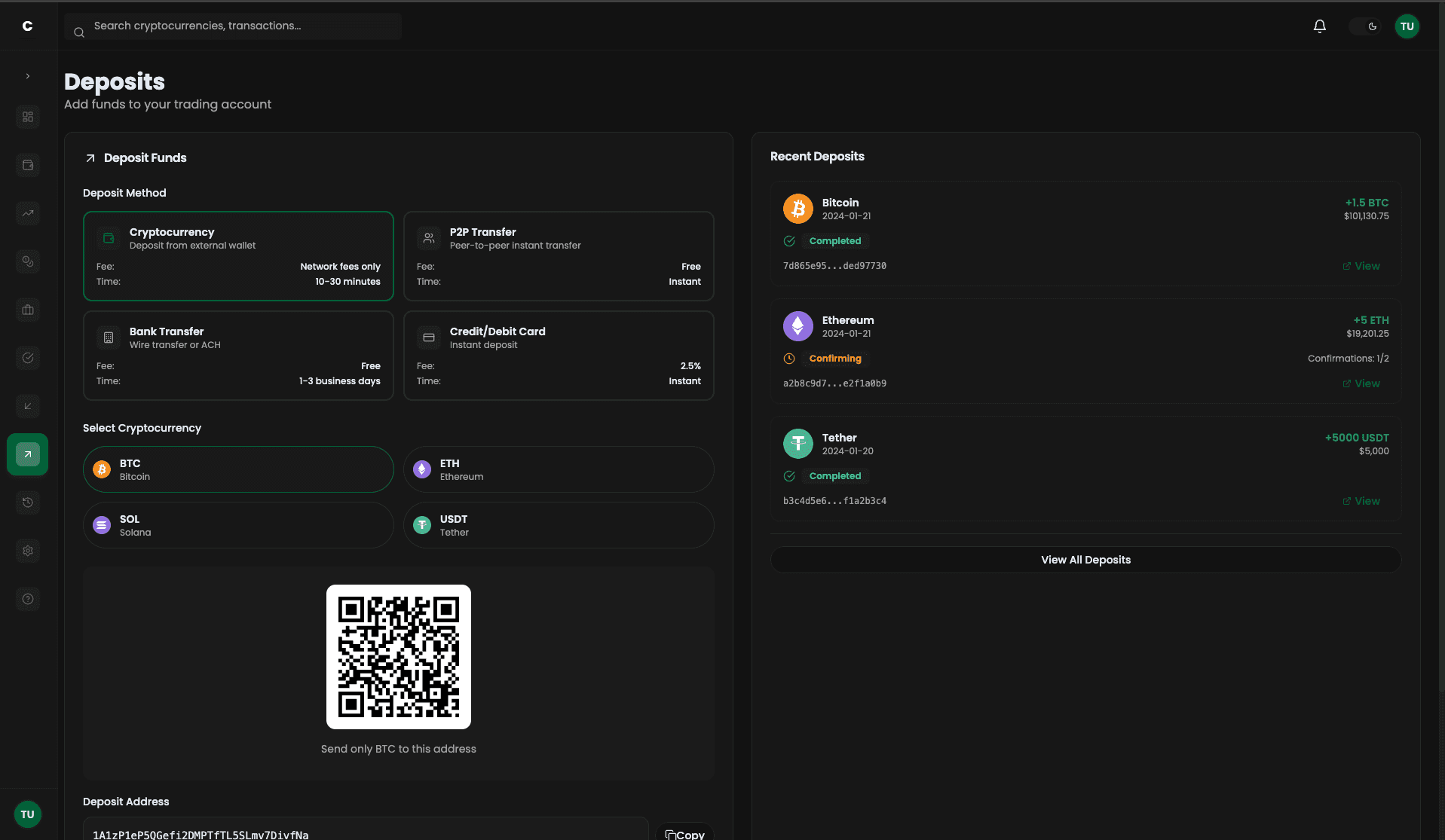 Deposit page interface showing cryptocurrency and peer-to-peer deposit options