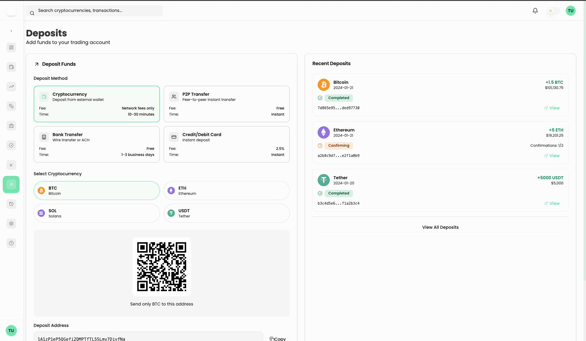 Deposit page interface showing cryptocurrency and peer-to-peer deposit options
